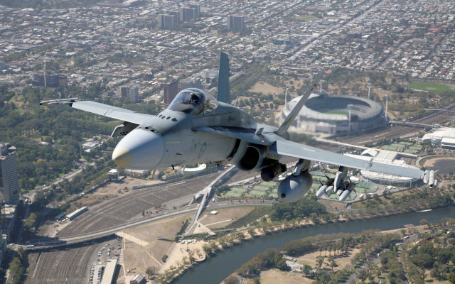 Fighterjet city river bridge precisionism free wallpaper - medium preview image