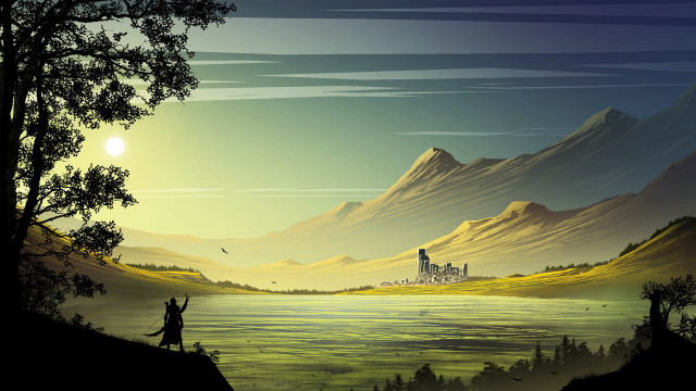 Lake castle mountains bird sunset free wallpaper - medium preview image