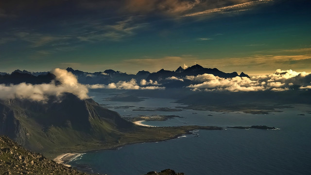 Mountain lake clouds sunset beach free wallpaper - medium preview image