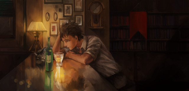 Man sitting table alcohol lamp free wallpaper - medium preview image