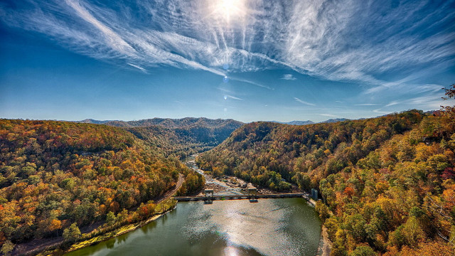 River bridge trees sunset horizon free wallpaper - medium preview image