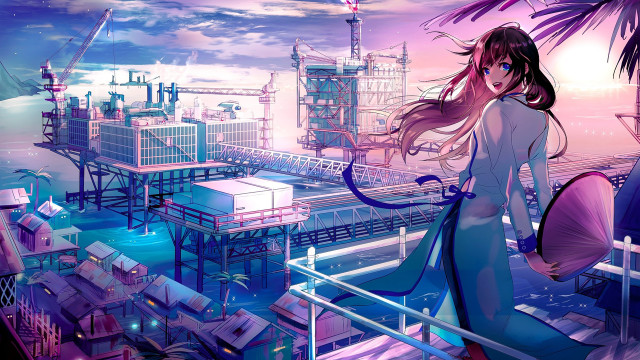 Girl cityscape pink sky cyberpunk free wallpaper - medium preview image