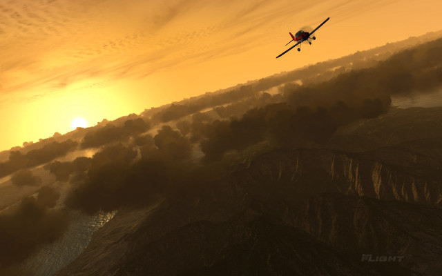 Mountain plane sunset clouds volumetric free wallpaper - medium preview image