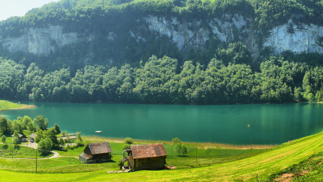 Green lake mountain houses trees free wallpaper - medium preview image