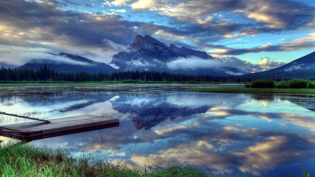 Lake mountains dock clouds sky free wallpaper - medium preview image