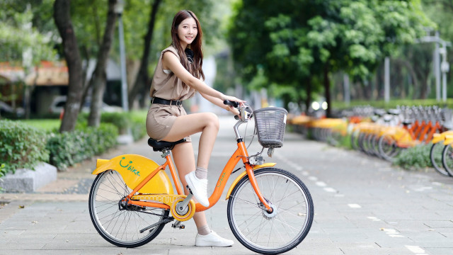 Woman biking tree bushes basket free wallpaper - medium preview image