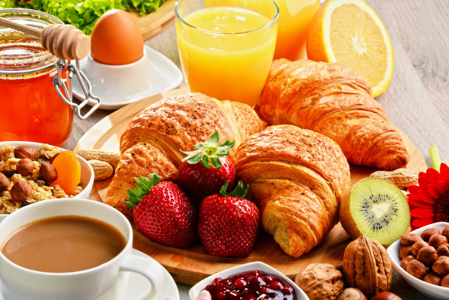 Plate coffee fruit nuts bread free wallpaper - medium preview image