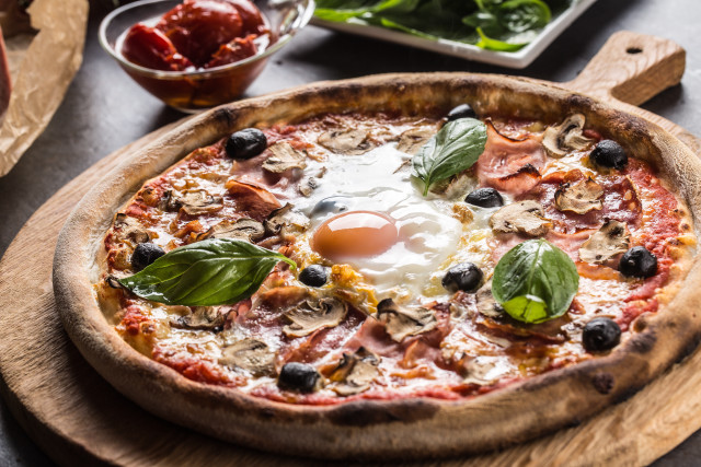 Pizza egg wooden board salad free wallpaper - medium preview image