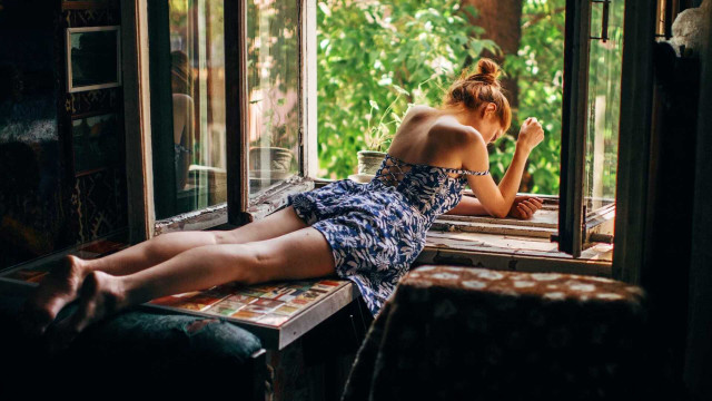 Woman window sill trees natural free wallpaper - medium preview image