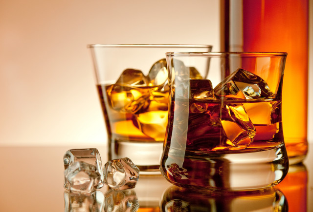 Whiskey glass ice bottle reflection free wallpaper - medium preview image
