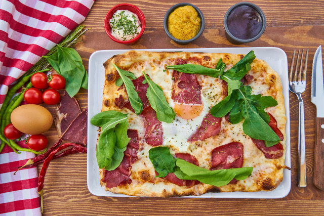 Pizza meat vegetables plate cutlery free wallpaper - medium preview image