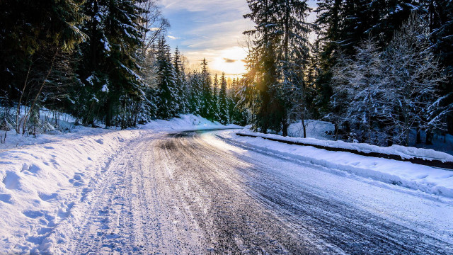 Snowy road car trees sunset free wallpaper - medium preview image