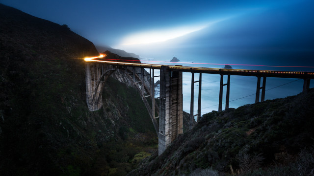 Train bridge night water mountain free wallpaper - medium preview image
