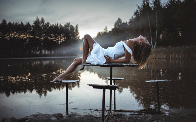 Woman lake forest bench portrait free wallpaper - medium preview image