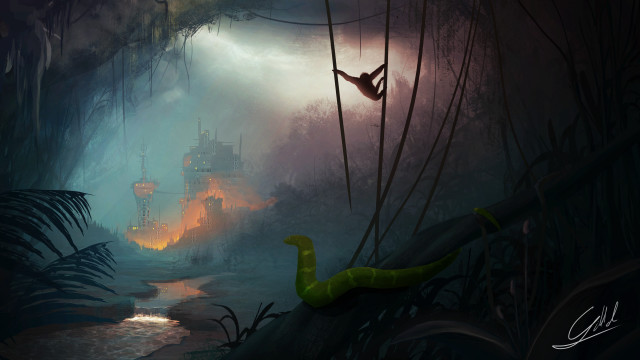 Snake forest castle stream fantasy free wallpaper - medium preview image