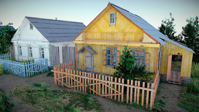 Yellow house picket fence urban free wallpaper - medium preview image