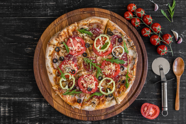 Pizza tomatoes olives onions wooden free wallpaper - medium preview image
