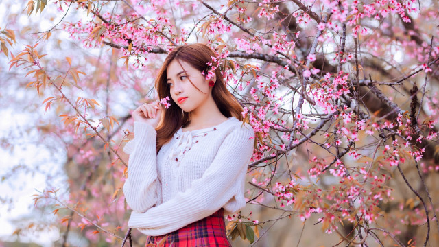Woman plaid skirt flowers phone free wallpaper - medium preview image