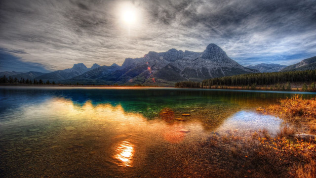 Lake mountain forest sun clouds free wallpaper - medium preview image