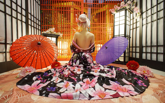 Woman dress parasol flower kimono free wallpaper - medium preview image