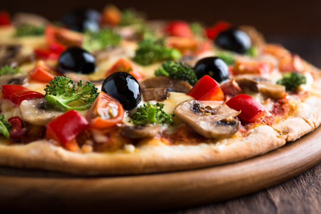 Pizza mushrooms broccoli tomatoes wooden free wallpaper - medium preview image
