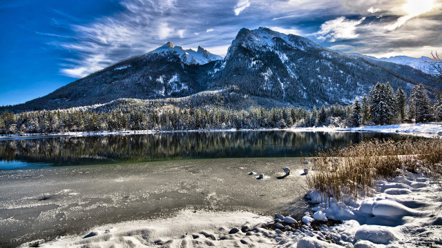 Snowy mountains lake birds bernd free wallpaper - medium preview image