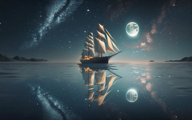 Ship night sky full moon free wallpaper - medium preview image