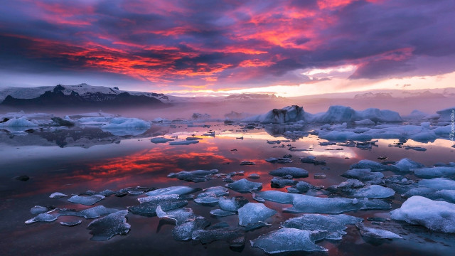 Sunset lake ice mountains pink free wallpaper - medium preview image