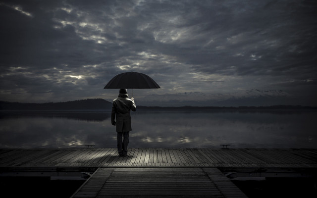 Man dock umbrella lake night free wallpaper - medium preview image