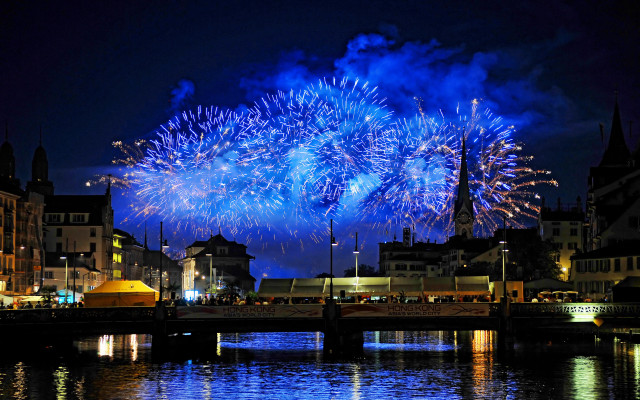Fireworks city bridge river night free wallpaper - medium preview image