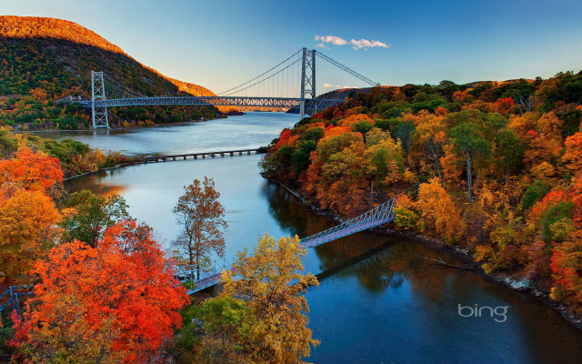 Autumn bridge river trees sky free wallpaper - medium preview image