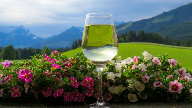 Wine glass flower mountains evening free wallpaper - medium preview image