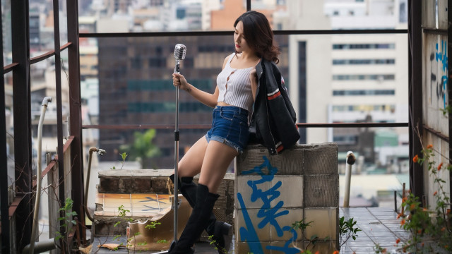 Woman boot microphone city graffiti free wallpaper - medium preview image