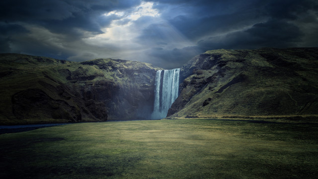 Waterfall lake mountain cloudy sky free wallpaper - medium preview image