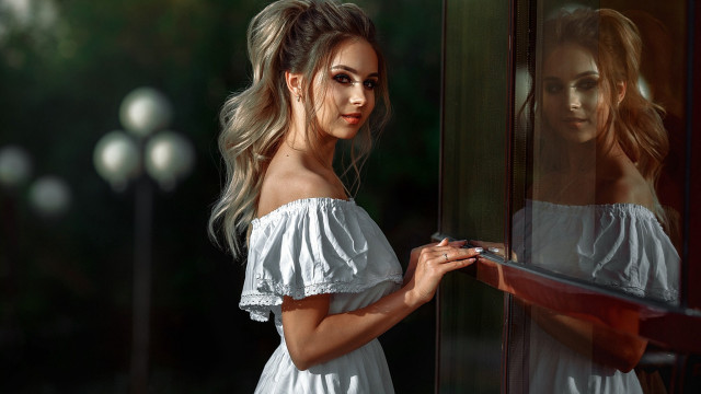 Woman white dress street window free wallpaper - medium preview image