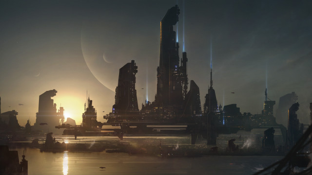 Futuristic city skyline sunset matte free wallpaper - medium preview image