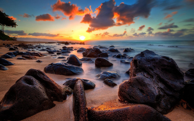 Sunset rocky beach forest orange free wallpaper - medium preview image