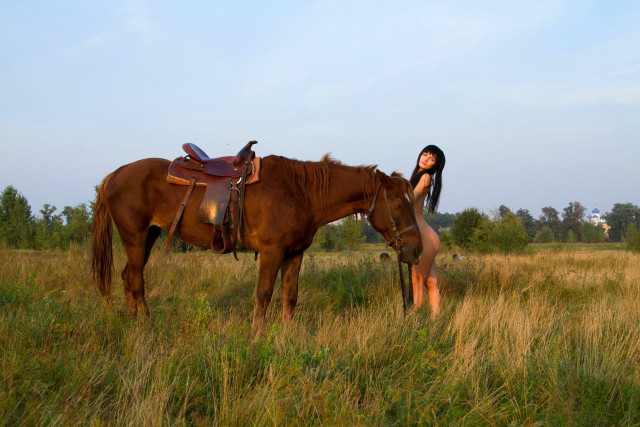 Woman horse field trees sky free wallpaper - medium preview image