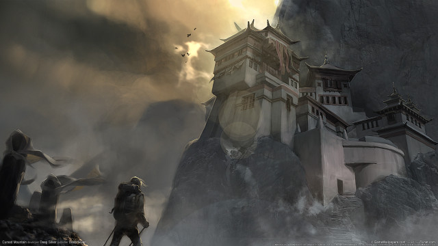 Castle mountain man bird clouds free wallpaper for desktop - medium preview image