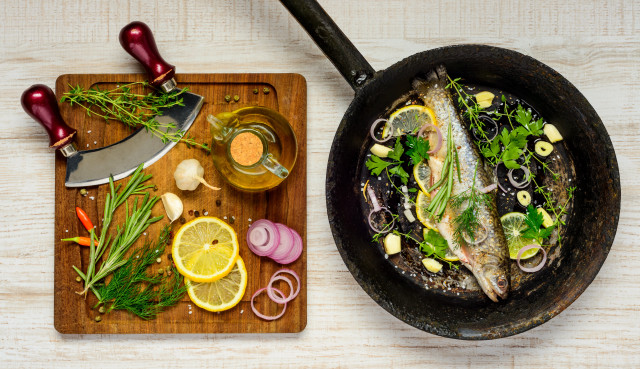 Fish vegetables pan table knife free wallpaper - medium preview image