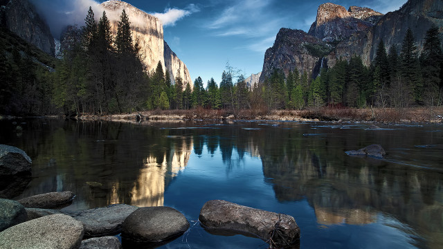 Mountain lake rocks trees clouds free wallpaper - medium preview image