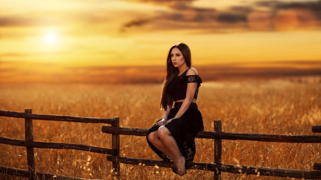 Woman fence wheat sunset blackhair free wallpaper - medium preview image