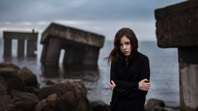 Woman water pier cloudy sky free wallpaper - medium preview image