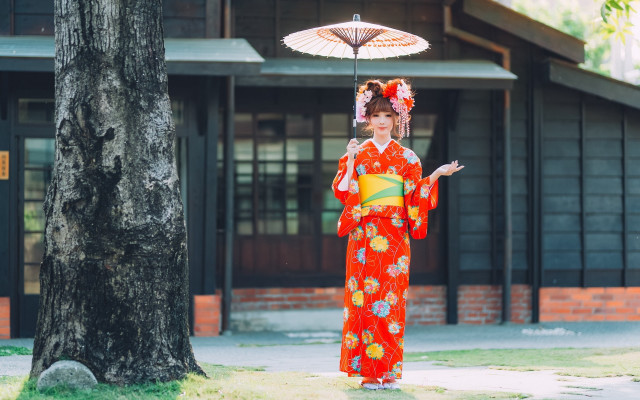 Red kimono umbrella architecture flower free wallpaper - medium preview image
