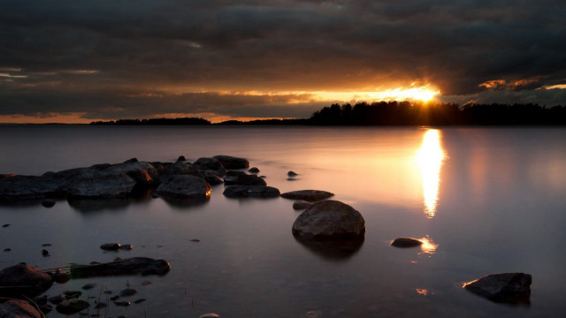 Sunset lake rocks trees clouds free wallpaper - medium preview image