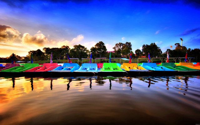 Colorful boats lake forest sunset free wallpaper - medium preview image