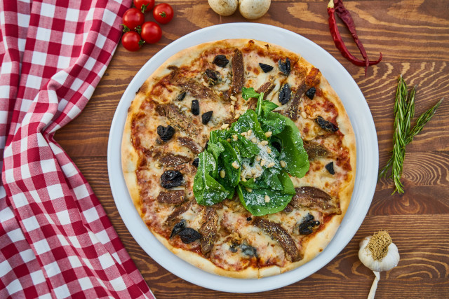 Pizza toppings table checkered food free wallpaper - medium preview image