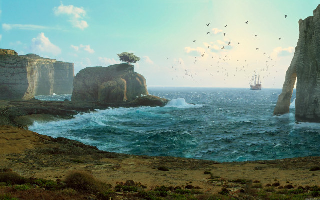 Boat rocky cliff tree birds free wallpaper - medium preview image
