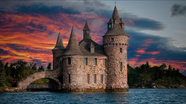 Castle bridge sunset clouds trees free wallpaper - medium preview image