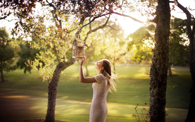 Woman birdcage park autumn sunset free wallpaper - medium preview image